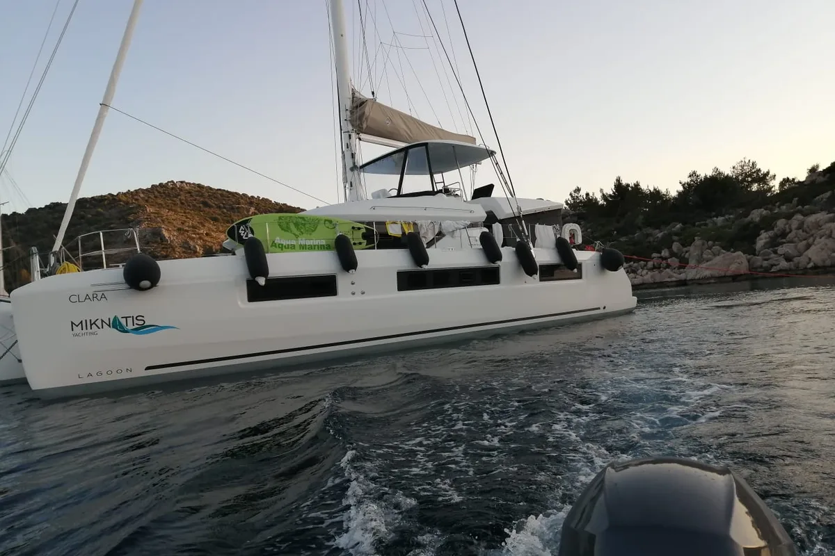 Exterior view of Clara, a Lagoon 50 catamaran at Marmaris, Turkey