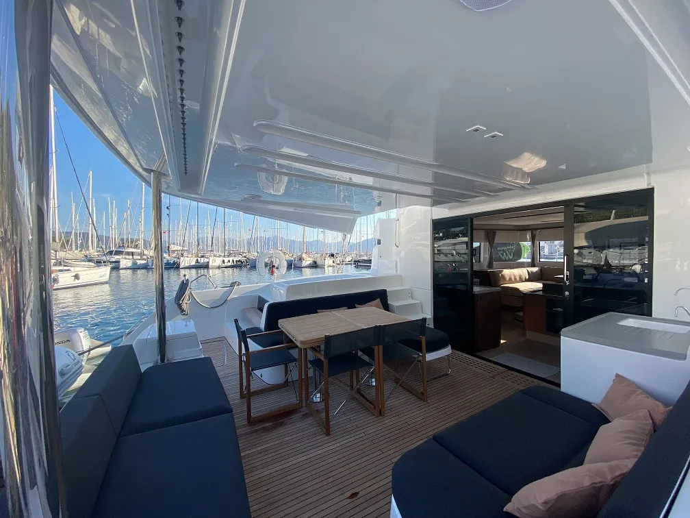 Deck of Clara, a Lagoon 50 catamaran at Marmaris, Turkey