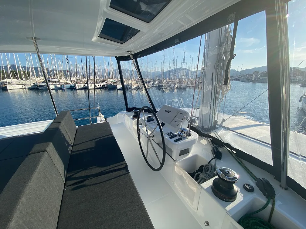 Cockpit of Clara, a Lagoon 50 catamaran at Marmaris, Turkey
