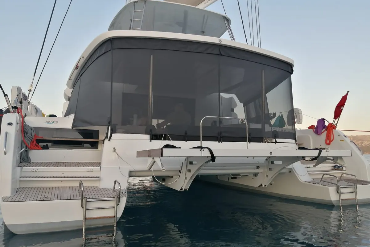 Exterior view of Clara, a Lagoon 50 catamaran at Marmaris, Turkey