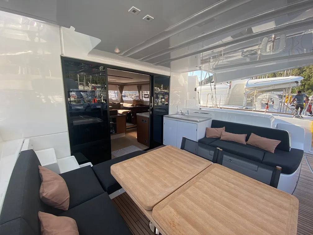 Deck of Clara, a Lagoon 50 catamaran at Marmaris, Turkey