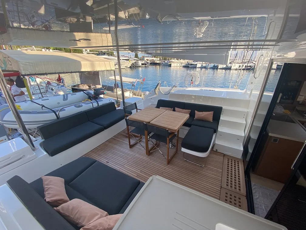 Deck of Clara, a Lagoon 50 catamaran at Marmaris, Turkey