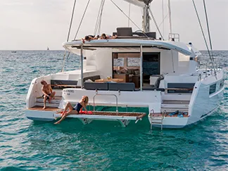 Exterior view of Clara, a Lagoon 50 catamaran at Marmaris, Turkey