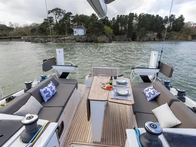 Deck of Capybara, a Dufour 44 sailboat at Grad Trogir, Croatia