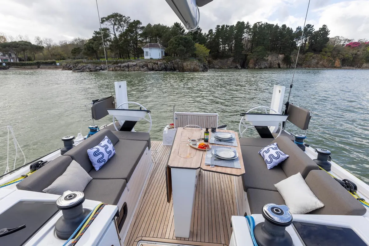 Deck of Capybara, a Dufour 44 sailboat at Grad Trogir, Croatia