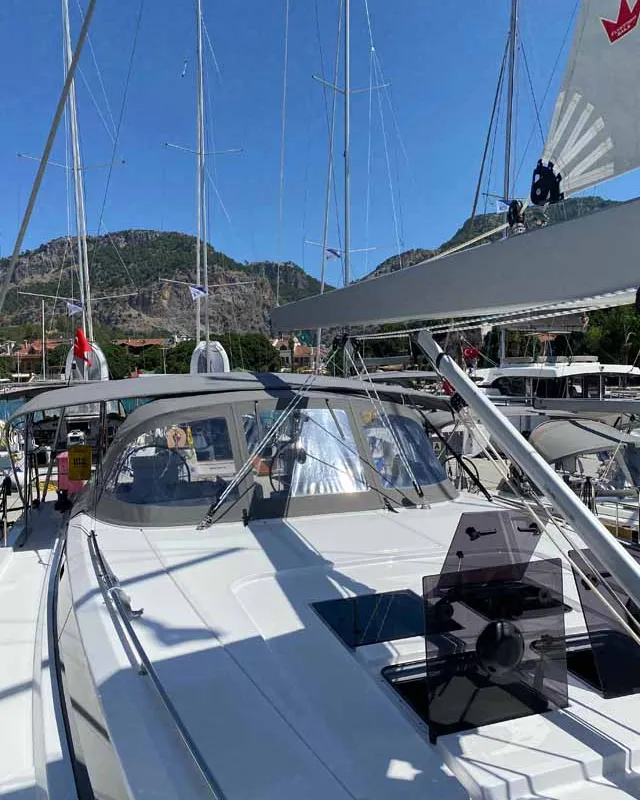 Deck of Beluga, a Bavaria C50 Holiday sailboat at Fethiye, Turkey