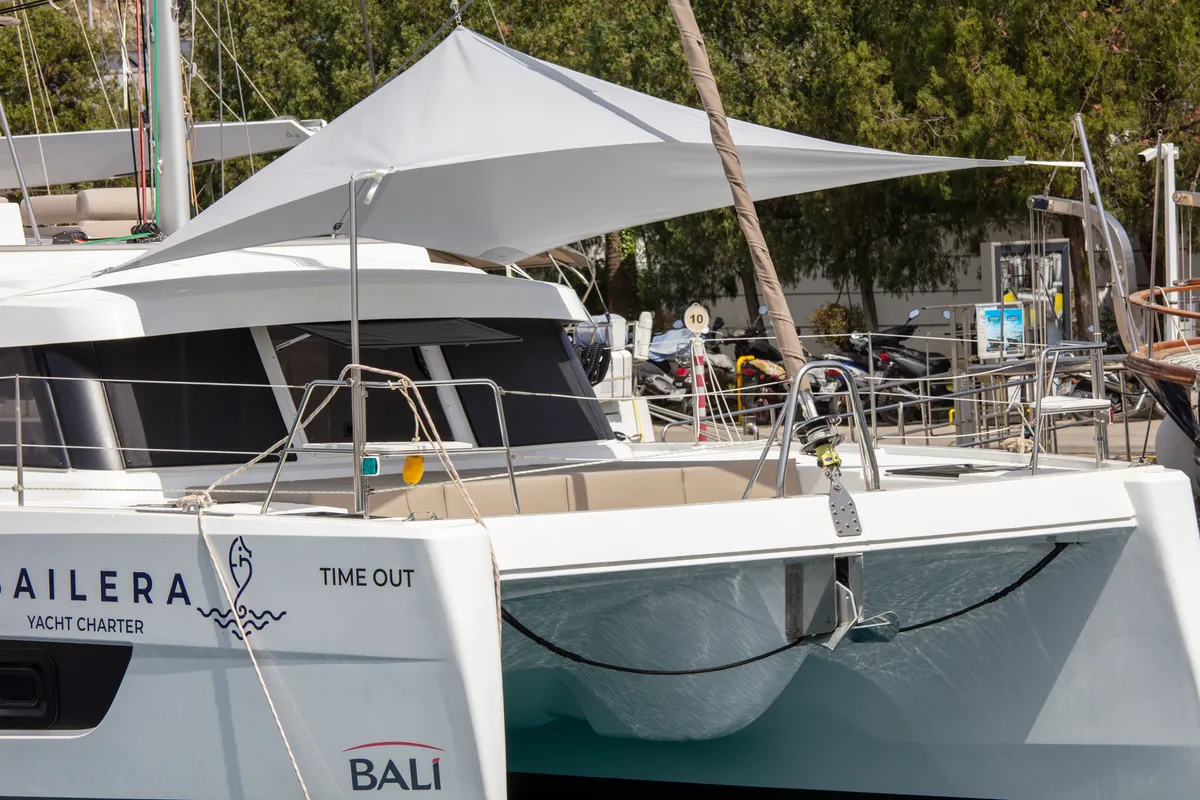 Exterior view of Time Out, a Bali Catspace catamaran at Marmaris, Turkey