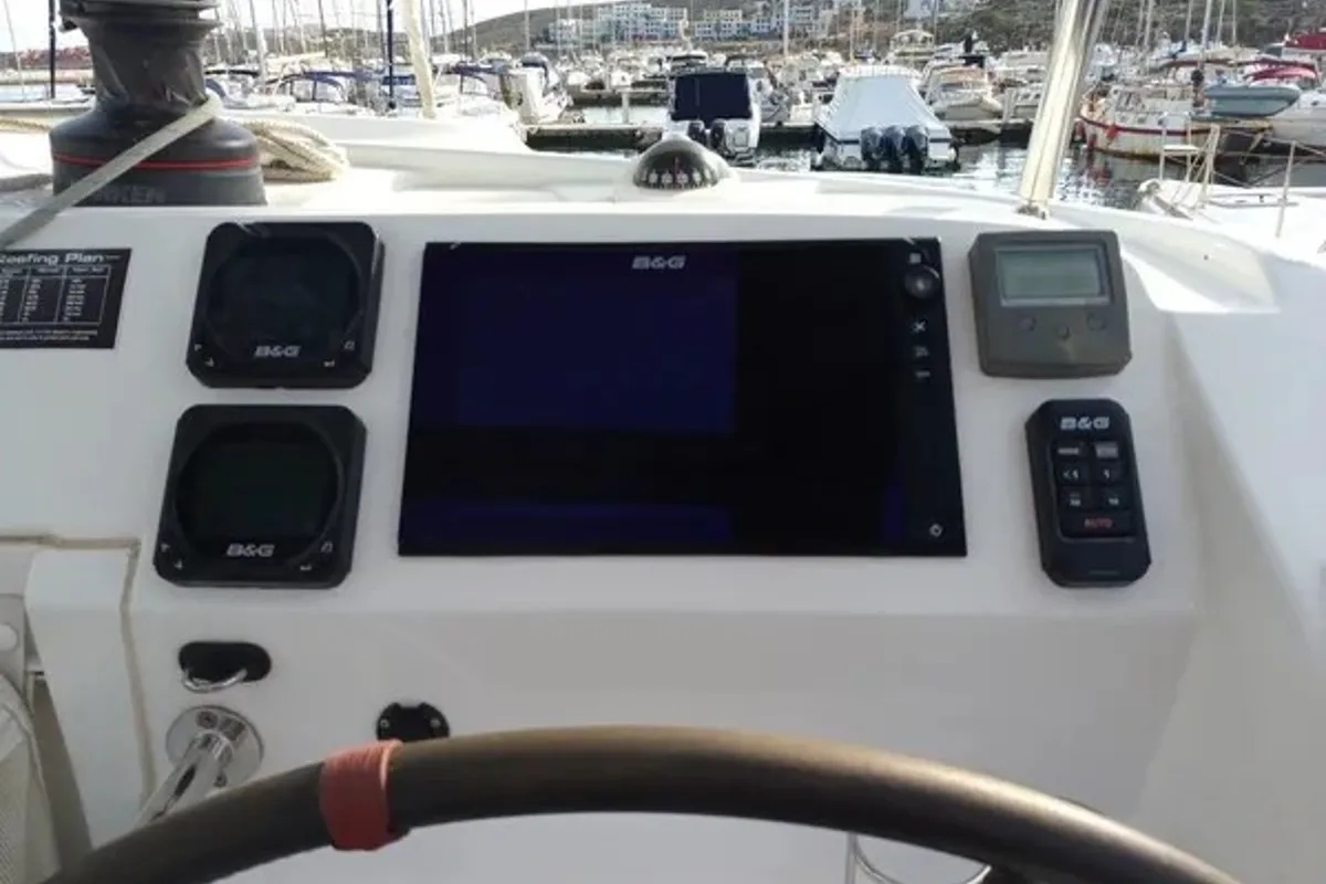 Cockpit of Tortilla, a Lagoon 39 catamaran at Athens, Greece