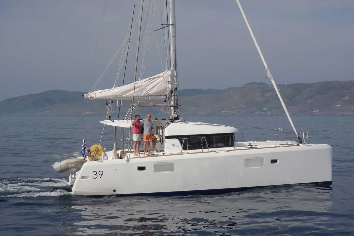 Exterior view of Tortilla, a Lagoon 39 catamaran at Athens, Greece