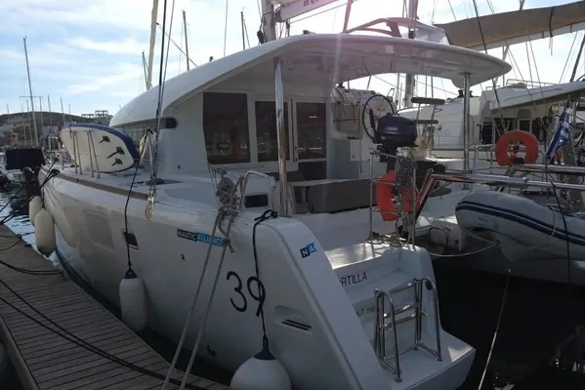 Exterior view of Tortilla, a Lagoon 39 catamaran at Athens, Greece