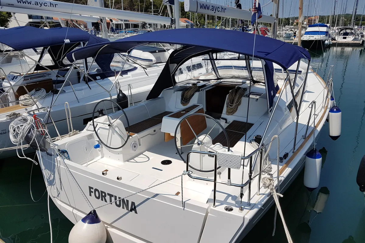 Exterior view of Fortuna, a Dufour 382 Grand Large sailboat at Općina Medulin, Croatia
