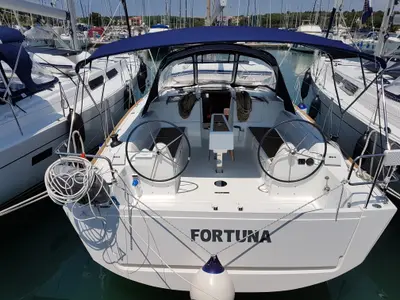 Cockpit of Fortuna, a Dufour 382 Grand Large sailboat at Općina Medulin, Croatia