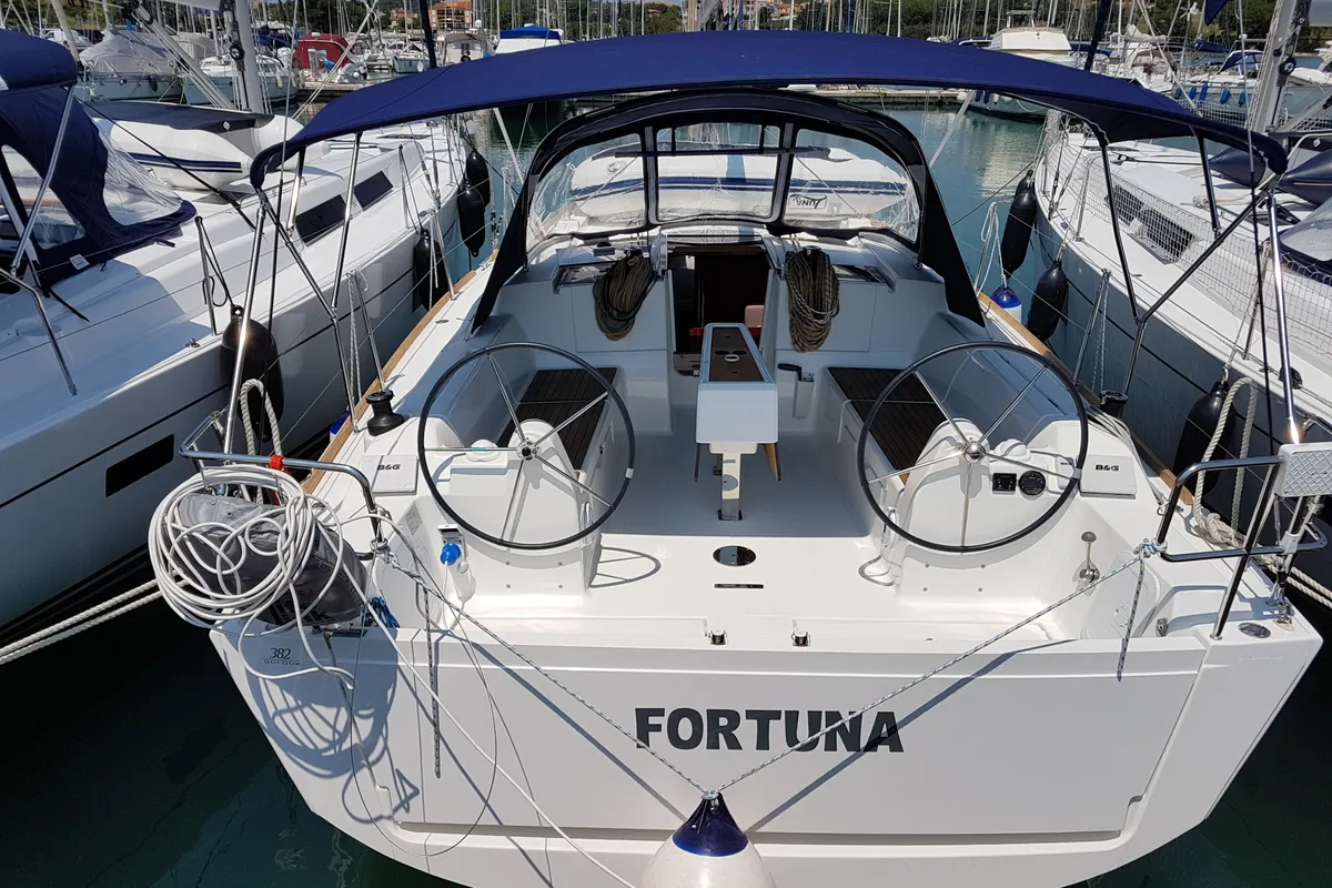 Cockpit of Fortuna, a Dufour 382 Grand Large sailboat at Općina Medulin, Croatia