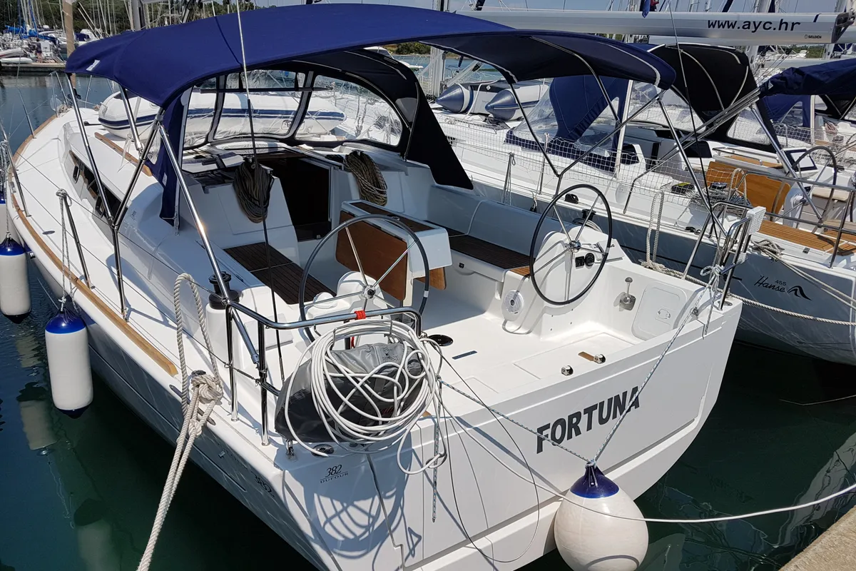 Exterior view of Fortuna, a Dufour 382 Grand Large sailboat at Općina Medulin, Croatia