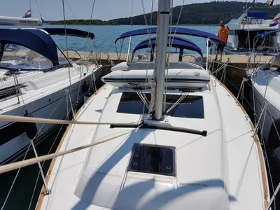 Deck of Fortuna, a Dufour 382 Grand Large sailboat at Općina Medulin, Croatia