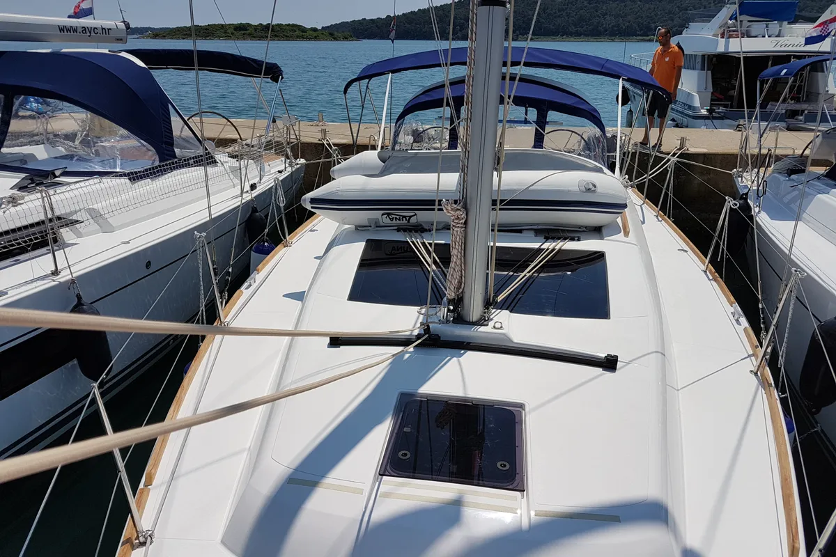 Deck of Fortuna, a Dufour 382 Grand Large sailboat at Općina Medulin, Croatia