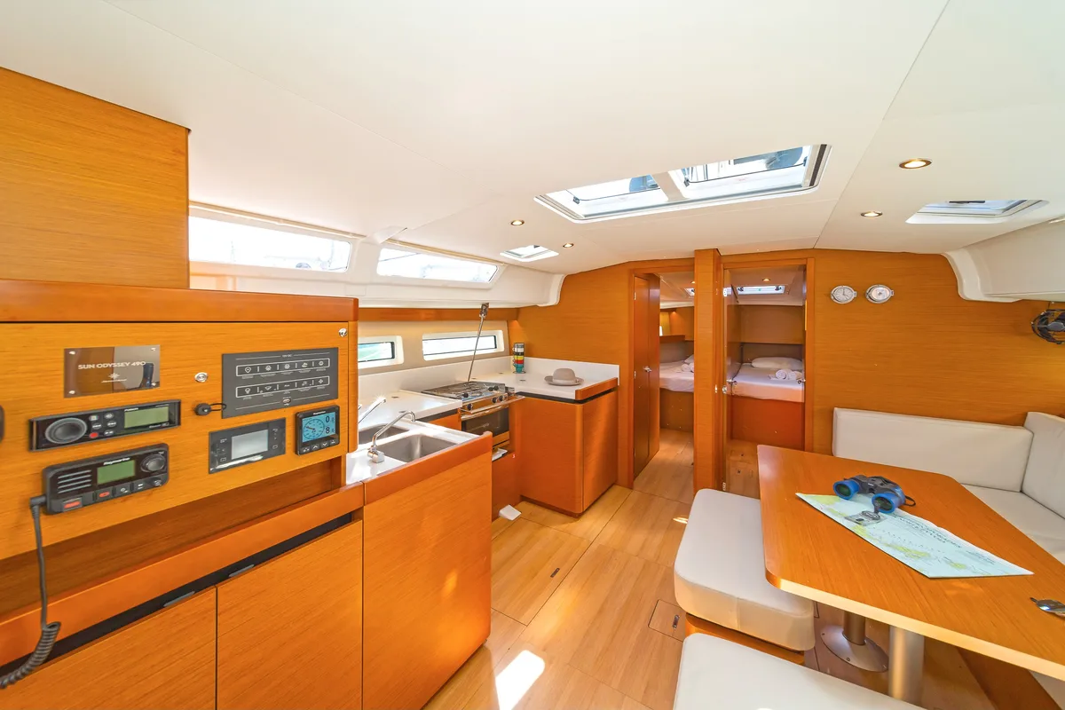 Exterior view of Jeanneau SO 490, a Jeanneau Sun Odyssey 490 sailboat at Municipal Unit of Lefkada, Greece