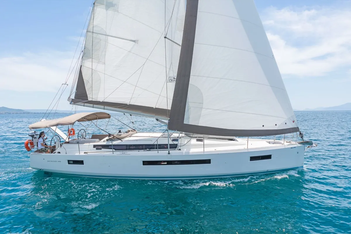 Exterior view of Jeanneau SO 490, a Jeanneau Sun Odyssey 490 sailboat at Municipal Unit of Lefkada, Greece