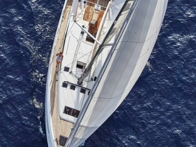 Exterior view of Jeanneau SO 490, a Jeanneau Sun Odyssey 490 sailboat at Municipal Unit of Lefkada, Greece