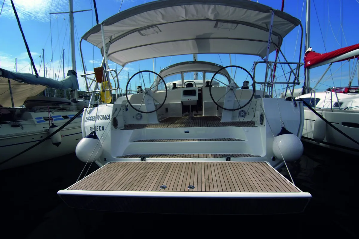 Exterior view of Tramuntana, a Bavaria Cruiser 51 sailboat at Punat, Croatia