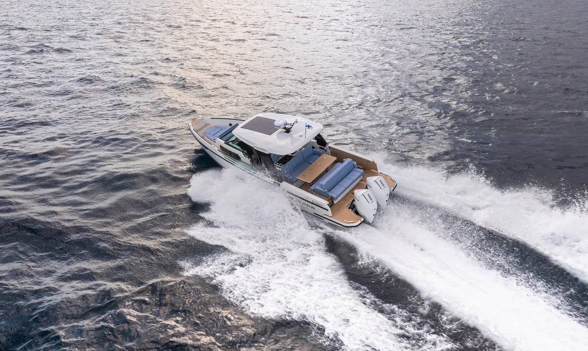 Exterior view of Tide Hunter, a Saxdor 320 GTO motorboat at Općina Sukošan, Croatia