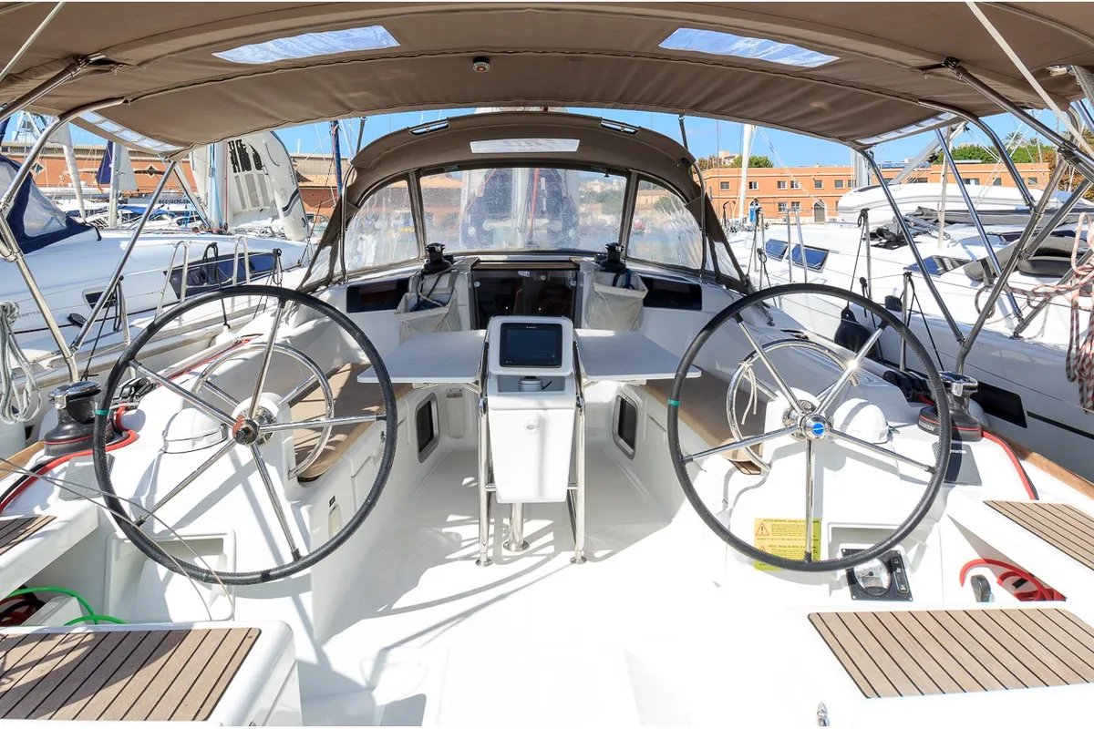 Cockpit of Turrun Turrun, a Jeanneau Sun Odyssey 419 sailboat at Santa Cruz de Tenerife, Spain