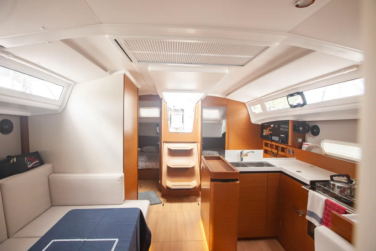 Salon of Sea Breeze, a Jeanneau Sun Odyssey 410 sailboat at Marmaris, Turkey