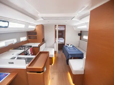 Salon of Sea Breeze, a Jeanneau Sun Odyssey 410 sailboat at Marmaris, Turkey