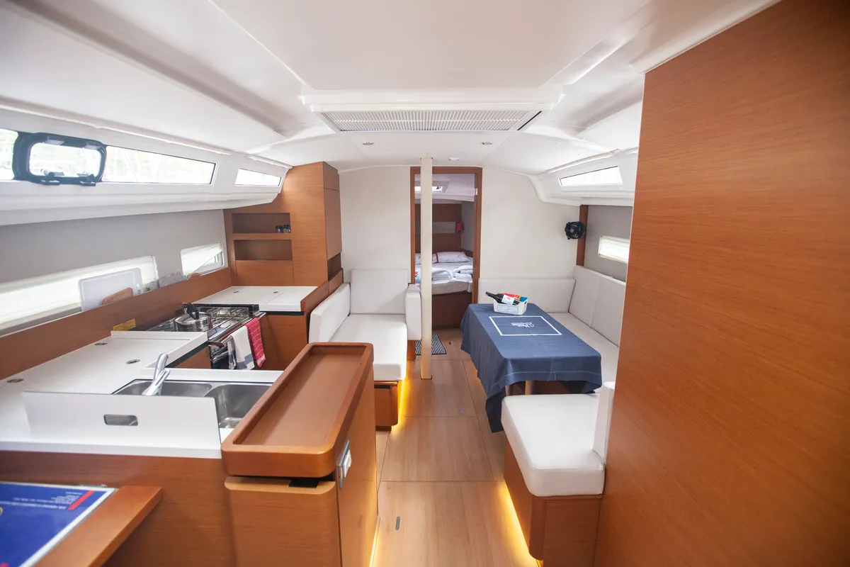 Salon of Sea Breeze, a Jeanneau Sun Odyssey 410 sailboat at Marmaris, Turkey