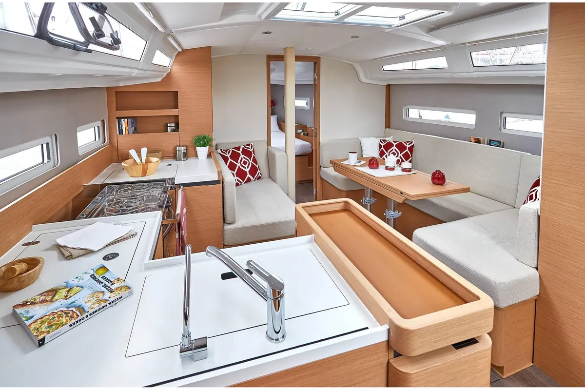 Salon of Sea Breeze, a Jeanneau Sun Odyssey 410 sailboat at Marmaris, Turkey