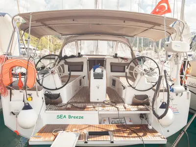 Cockpit of Sea Breeze, a Jeanneau Sun Odyssey 410 sailboat at Marmaris, Turkey