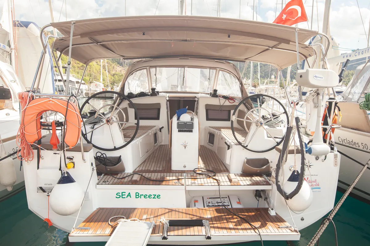 Cockpit of Sea Breeze, a Jeanneau Sun Odyssey 410 sailboat at Marmaris, Turkey