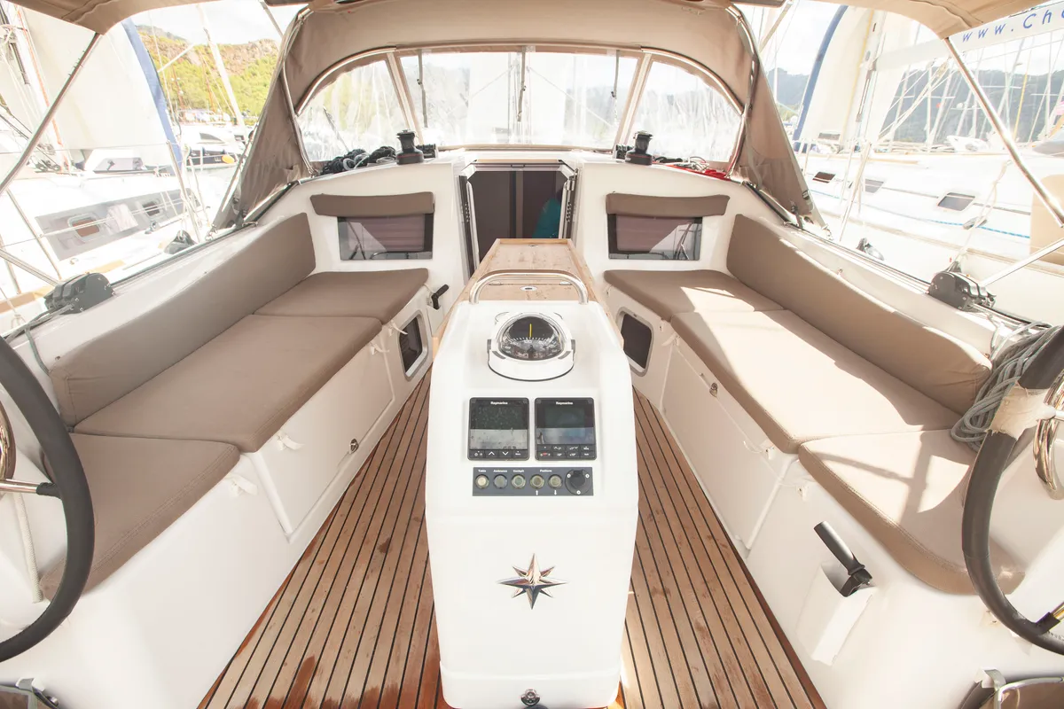 Cockpit of Sea Breeze, a Jeanneau Sun Odyssey 410 sailboat at Marmaris, Turkey
