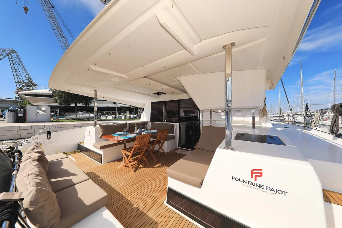 Deck of Felicitas II, a Fountaine Pajot Lucia 40 catamaran at Grad Biograd na Moru, Croatia