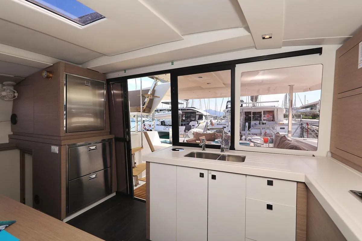 Galley of Felicitas II, a Fountaine Pajot Lucia 40 catamaran at Grad Biograd na Moru, Croatia