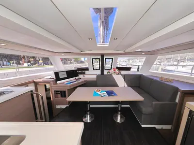 Salon of Felicitas II, a Fountaine Pajot Lucia 40 catamaran at Grad Biograd na Moru, Croatia