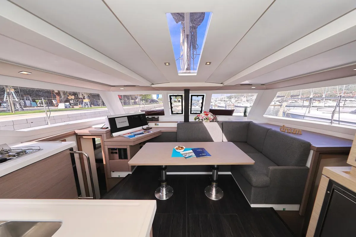 Salon of Felicitas II, a Fountaine Pajot Lucia 40 catamaran at Grad Biograd na Moru, Croatia