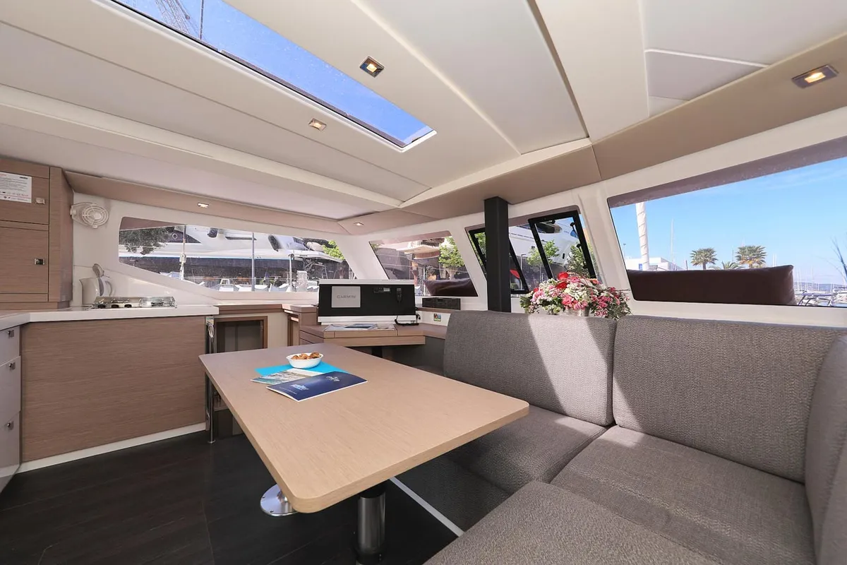 Salon of Felicitas II, a Fountaine Pajot Lucia 40 catamaran at Grad Biograd na Moru, Croatia