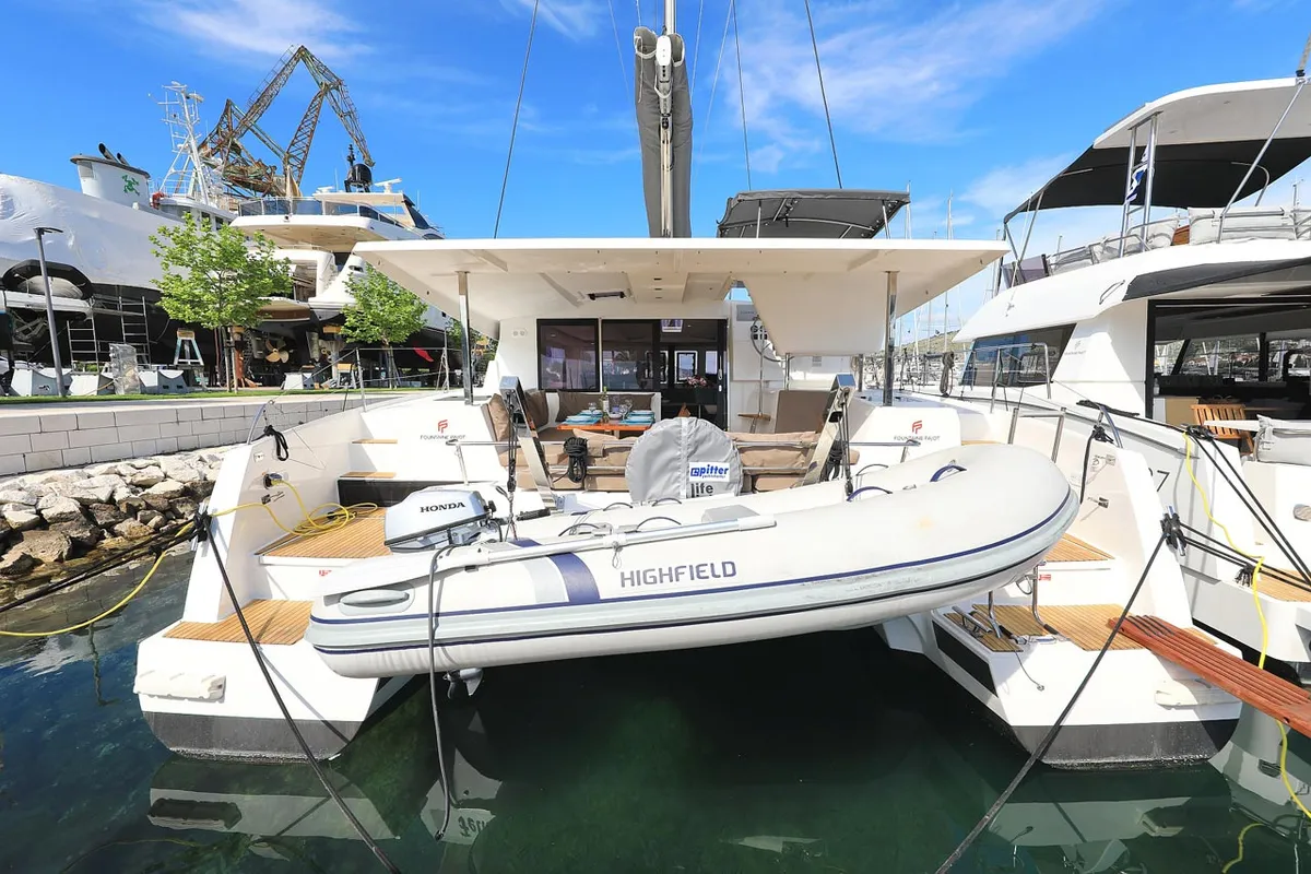 Exterior view of Felicitas II, a Fountaine Pajot Lucia 40 catamaran at Grad Biograd na Moru, Croatia