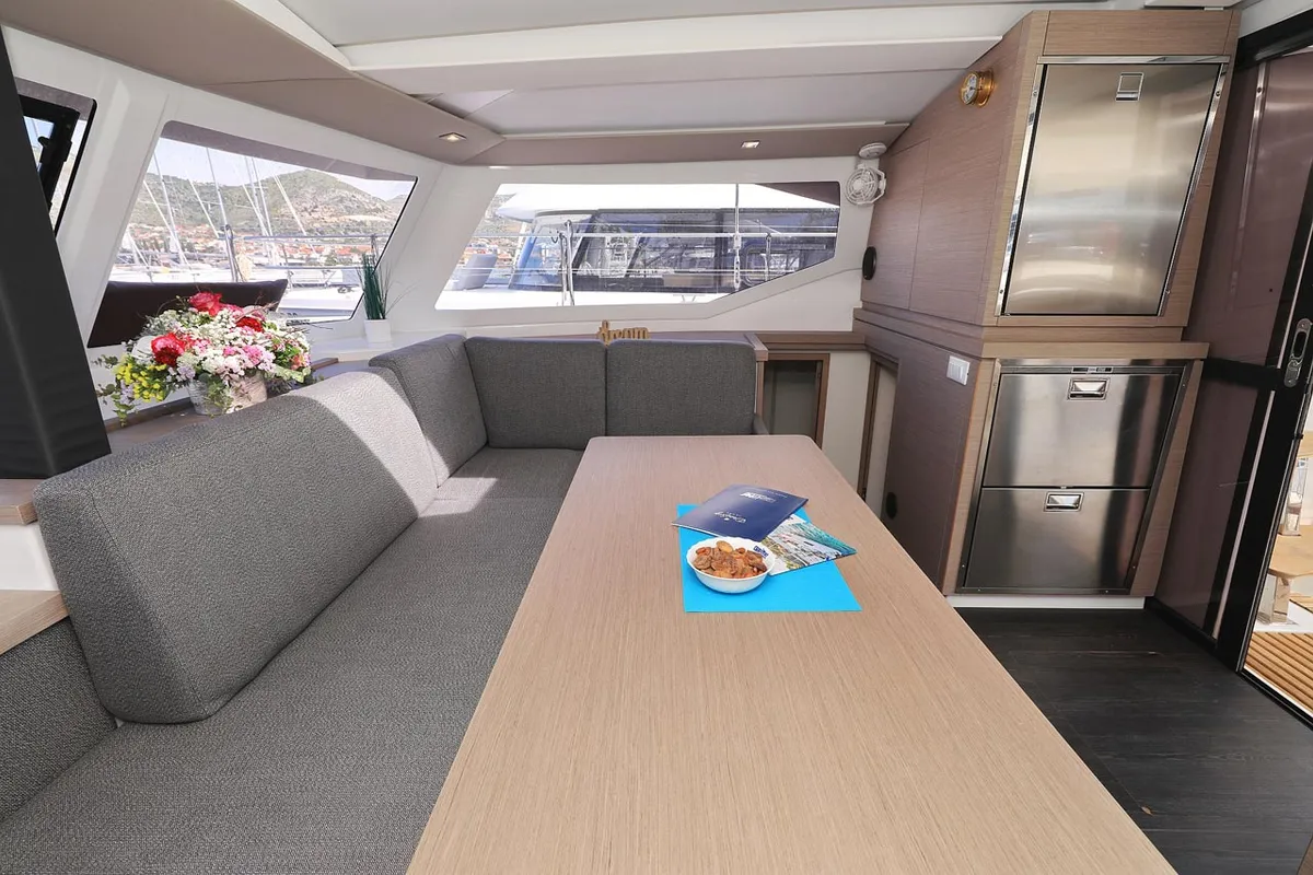 Salon of Felicitas II, a Fountaine Pajot Lucia 40 catamaran at Grad Biograd na Moru, Croatia