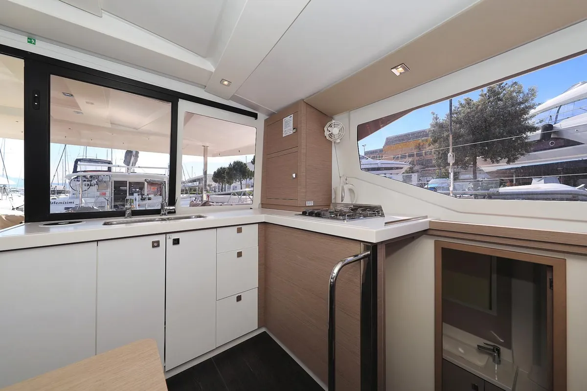 Galley of Felicitas II, a Fountaine Pajot Lucia 40 catamaran at Grad Biograd na Moru, Croatia