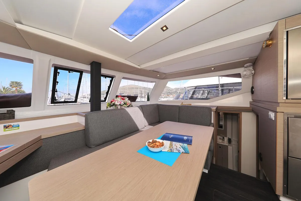 Salon of Felicitas II, a Fountaine Pajot Lucia 40 catamaran at Grad Biograd na Moru, Croatia