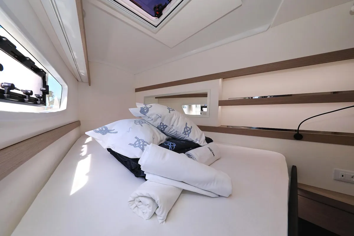 Head on Felicitas II, a Fountaine Pajot Lucia 40 catamaran at Grad Biograd na Moru, Croatia