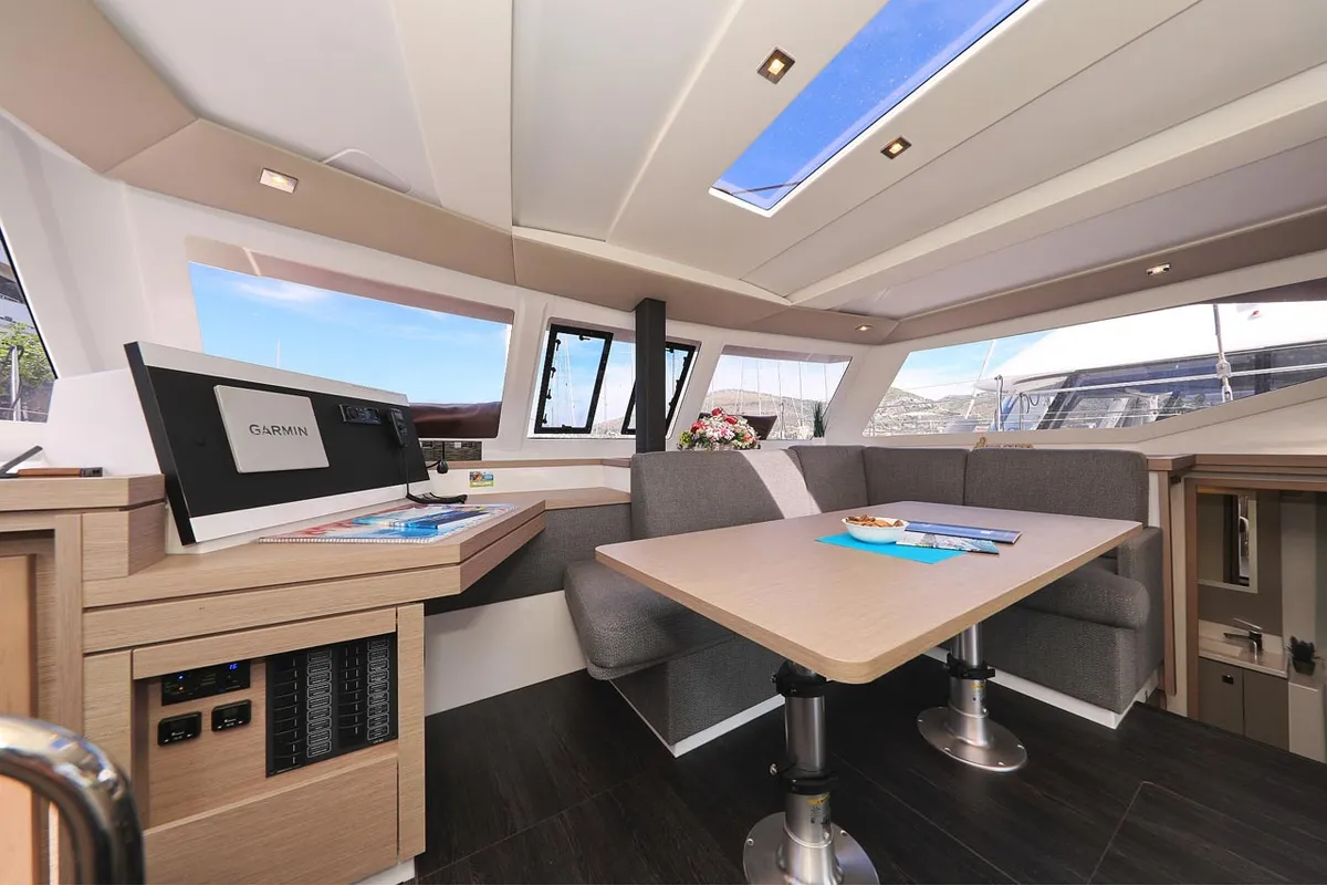 Salon of Felicitas II, a Fountaine Pajot Lucia 40 catamaran at Grad Biograd na Moru, Croatia