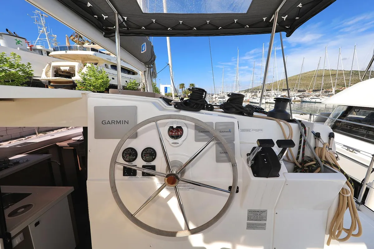 Cockpit of Felicitas II, a Fountaine Pajot Lucia 40 catamaran at Grad Biograd na Moru, Croatia