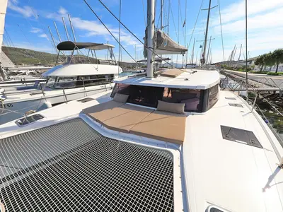 Deck of Felicitas II, a Fountaine Pajot Lucia 40 catamaran at Grad Biograd na Moru, Croatia