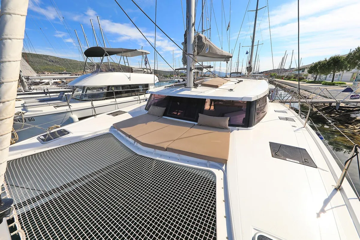 Deck of Felicitas II, a Fountaine Pajot Lucia 40 catamaran at Grad Biograd na Moru, Croatia