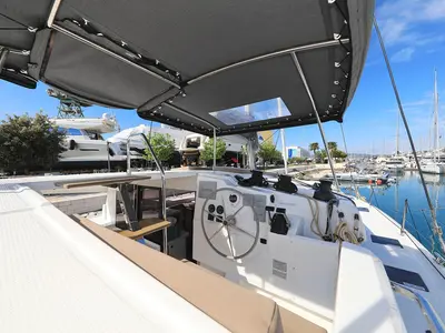 Cockpit of Felicitas II, a Fountaine Pajot Lucia 40 catamaran at Grad Biograd na Moru, Croatia