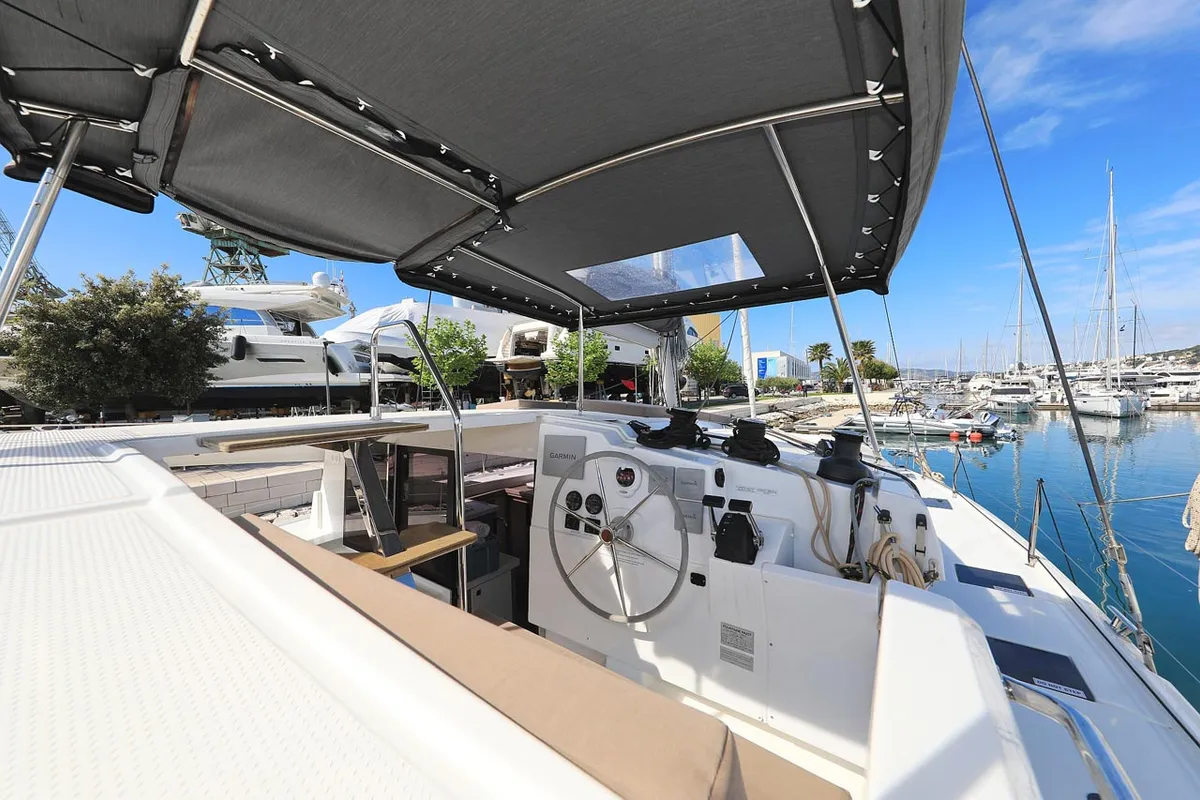 Cockpit of Felicitas II, a Fountaine Pajot Lucia 40 catamaran at Grad Biograd na Moru, Croatia