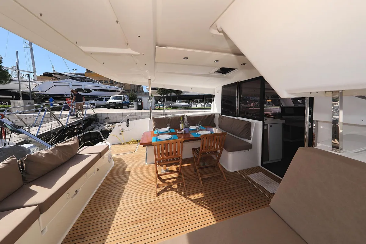 Deck of Felicitas II, a Fountaine Pajot Lucia 40 catamaran at Grad Biograd na Moru, Croatia